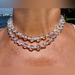 Vintage Coro 2 Strand Aurora Borealis Faceted Graduated Crystal Choker Necklace